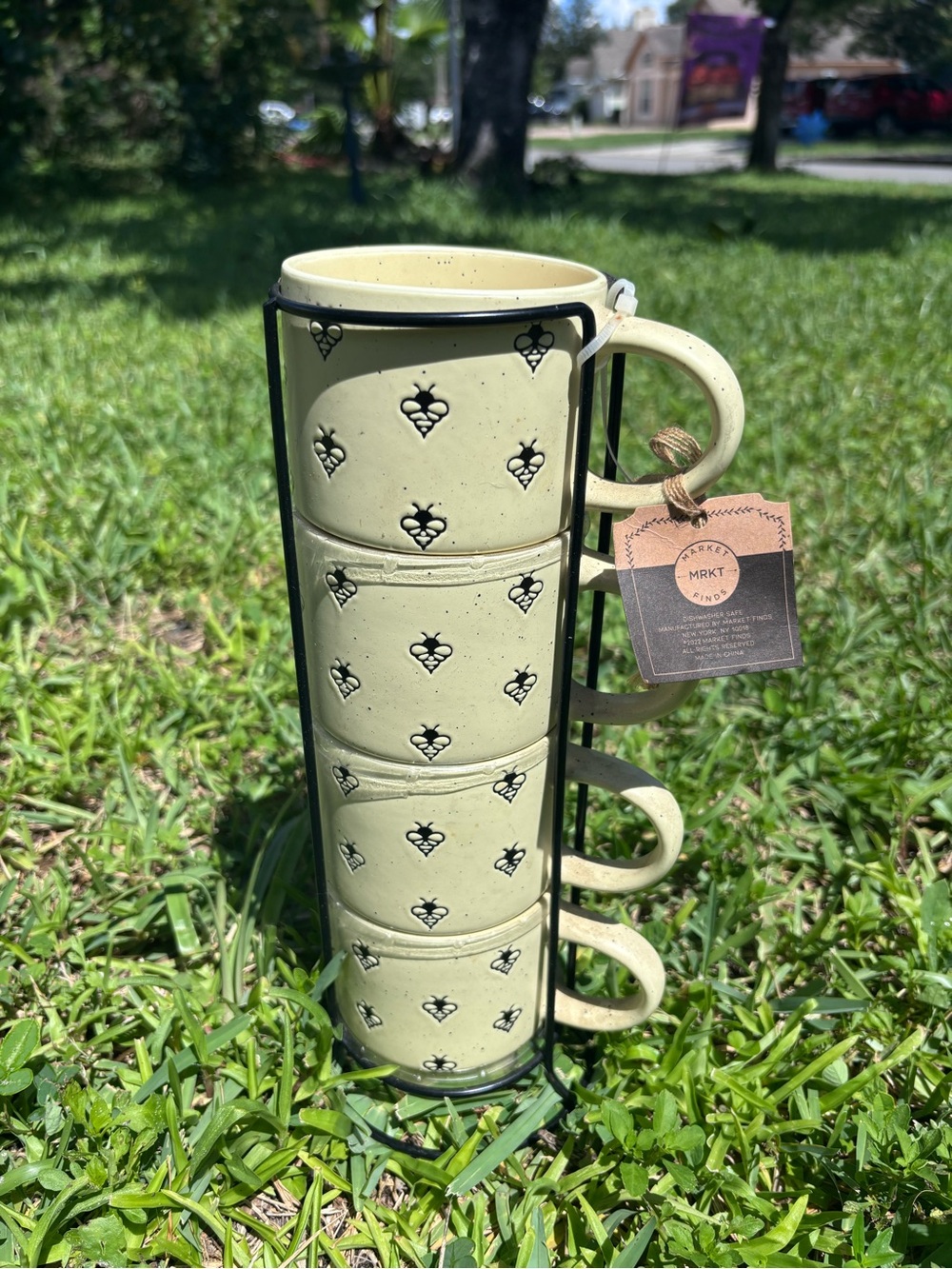 Yellow Ceramic Stackable Mug Set with Metal Rack - Picture 2 of 7